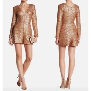 Dress The Population Bianca Sequin Romper Womens XS Gold Long Sleeve V Neck